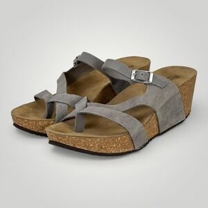 Bio-Gold Gray Suede Cork Wedge Sandals Womens 8 Italy Thong Comfort Shoes